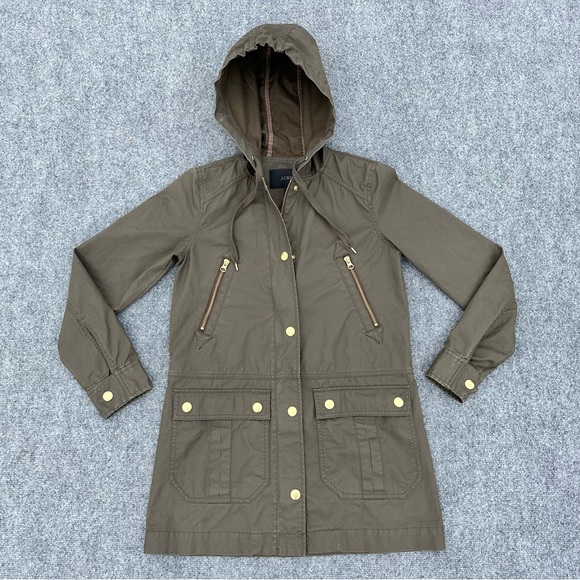 Womens J.Crew Hooded Distressed Green Military Long Field Zip up Jacket Size XXS - Picture 2 of 12
